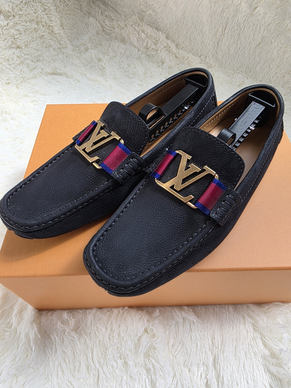 Louis Vuitton Black Monte Carlo Driver Loafers Red-Blue Ribbon Gold LV Buckle